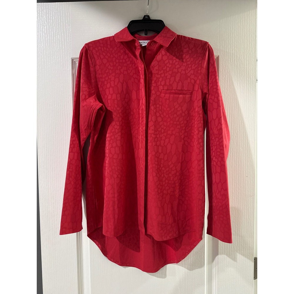 Athleta Red Leopard Jacquard Button Down Shirt High Low Hem Womens XS